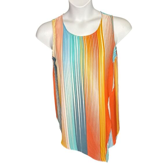 Rachel Zoe Multicolor Striped Tank Top Sleeveless Scoop Neck Ruffle Slit M - Picture 2 of 7